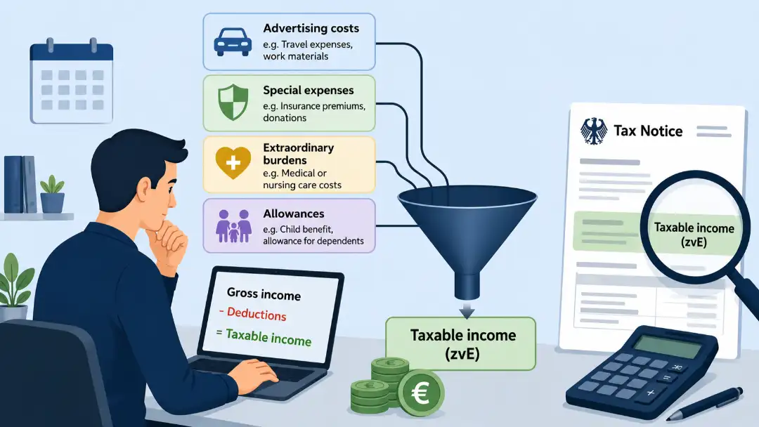Income Tax Calculator 1 Income tax calculator showing how deductions lead to taxable income (zvE)