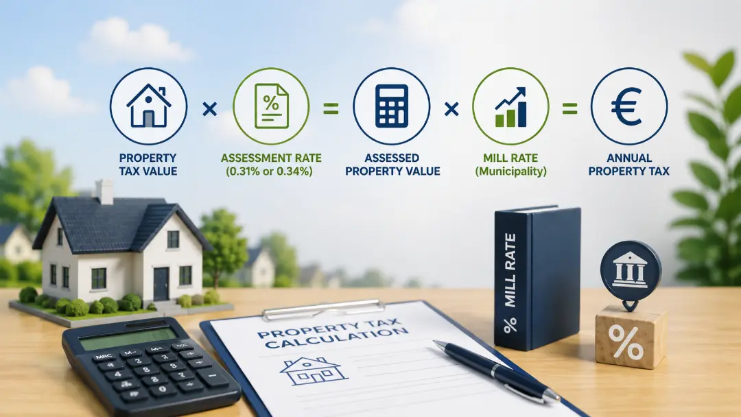 Property Tax Calculator 1 Property Tax Calculator formula showing property tax value, assessment rate, municipal tax rate and annual property tax calculation in Germany