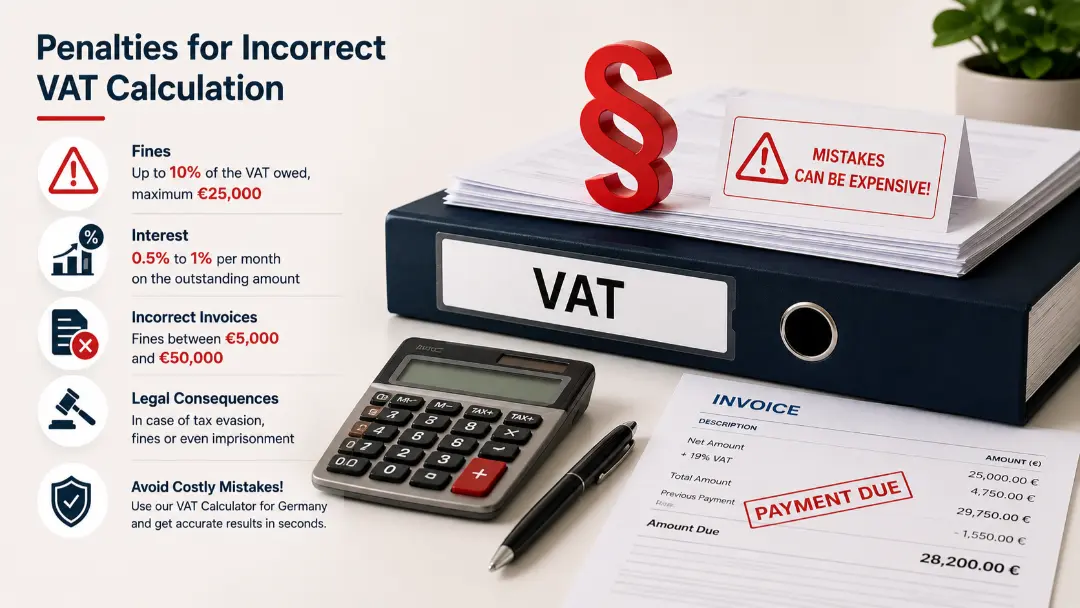 Illustration showing penalties for incorrect VAT calculation in Germany, including fines, interest, invoice errors and legal consequences