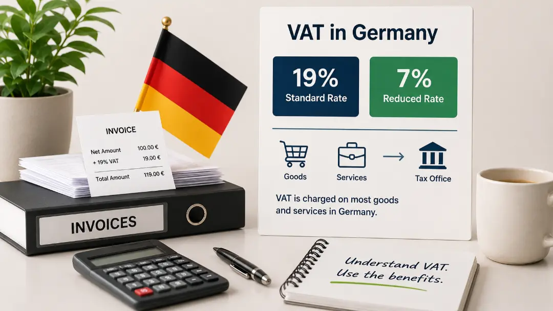 VAT Calculator Germany explaining the 19% standard VAT rate, 7% reduced VAT rate and how VAT is applied to goods and services