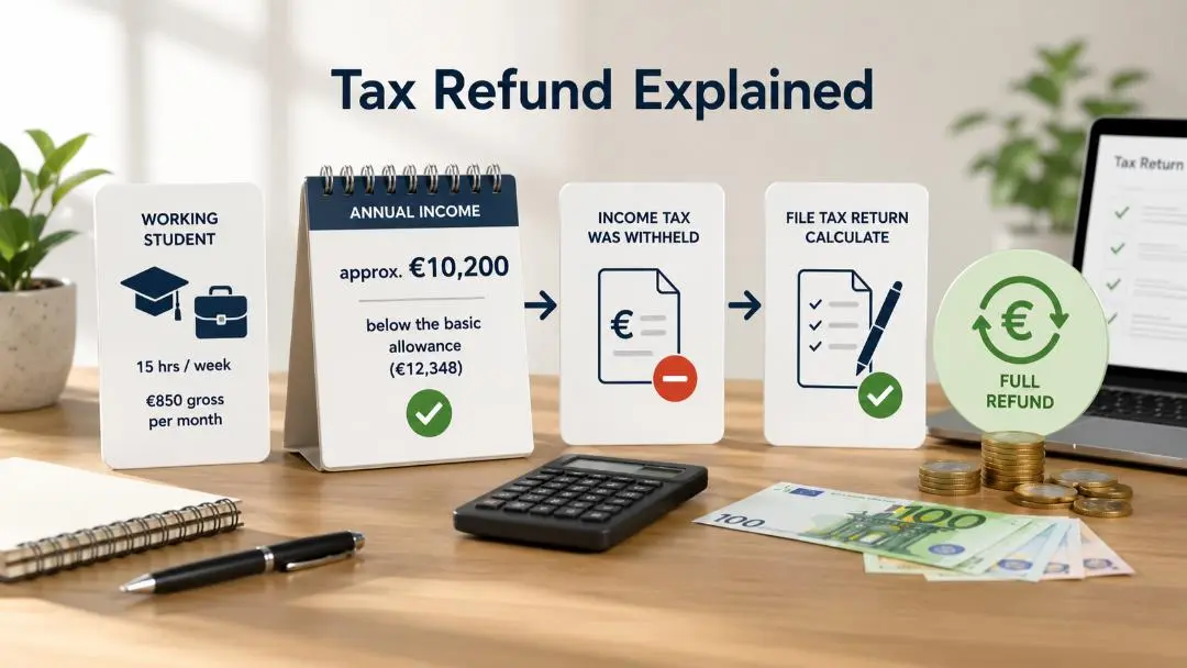 Working Student Calculator example showing how income tax can be refunded after filing a tax return in Germany