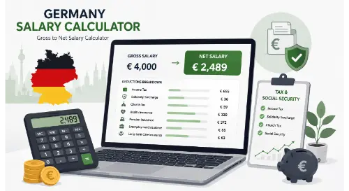 Home 2 Germany Salary Calculator illustrating gross to net salary calculation with income tax and social security deductions