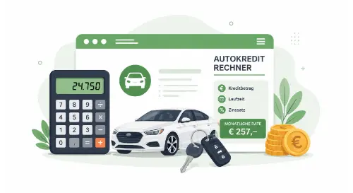 Autokreditrechner zur Berechnung von Kreditrate, Laufzeit und Finanzierungskosten für ein Auto