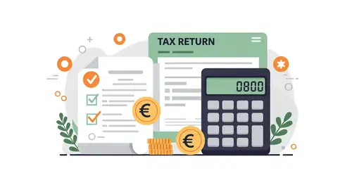 Pro Finanzrechner 2 Illustration eines Einkommensteuer Rechners mit Steuerformular, Taschenrechner und Euro Symbolen für Deutschland.