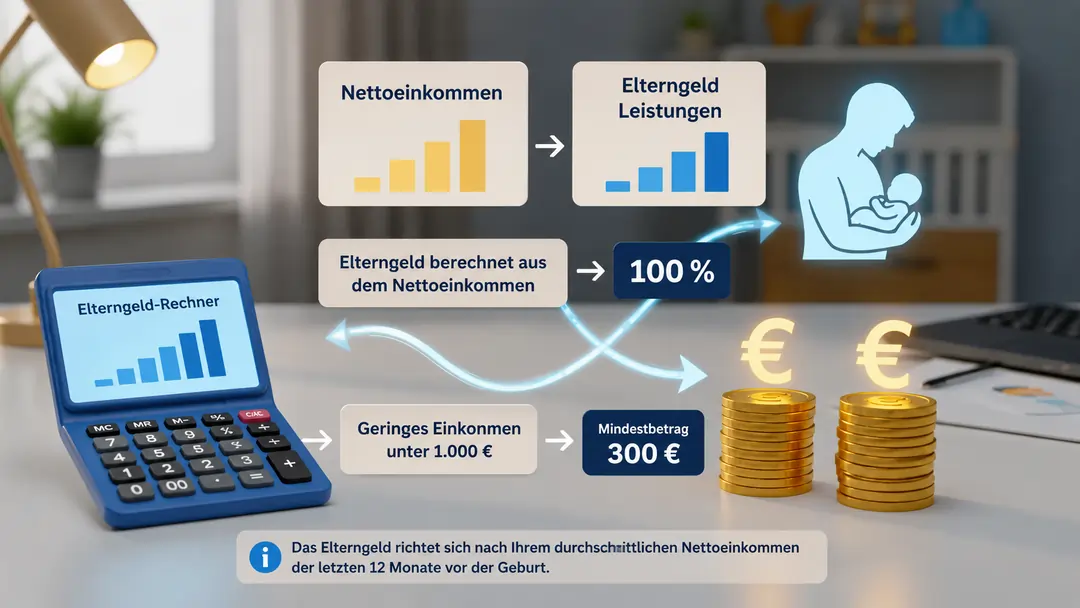 Elterngeldrechner 2 Berechnung des Elterngeldes anhand des Nettoeinkommens mit Taschenrechner und Euro Münzen.