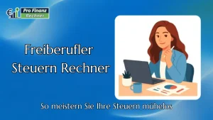Freiberufler Steuern Rechner 11 Freiberufler Steuern Rechner mit einer Freiberuflerin am Laptop und Finanzunterlagen.
