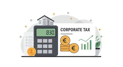 Pro Finanzrechner 10 Illustration eines Körperschaftsteuer Rechners mit Taschenrechner, Unternehmensdokument und Euro Münzen für Deutschland.