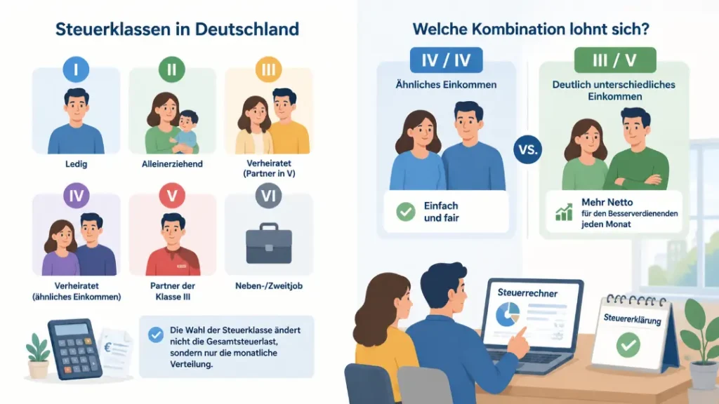 Steuerrechner 2 Steuerrechner mit Übersicht der deutschen Steuerklassen und Steuerklassenkombinationen für Ehepaare
